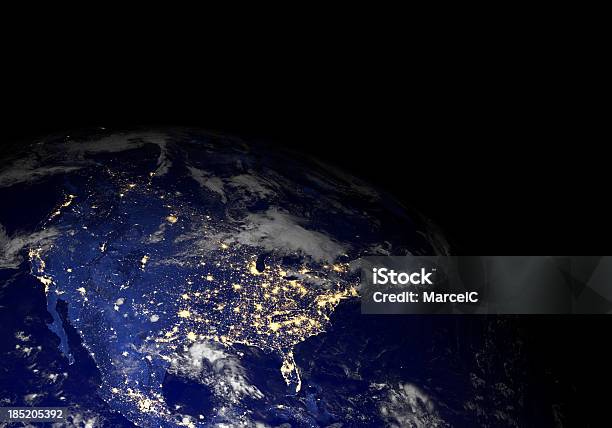 Earth From Space At Night North America Stock Photo - Download Image Now - Illuminated, Planet Earth, Satellite View