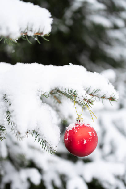 istock red Christmas bauble hanging from snow-covered Christmas tree branch outdoors, vertical image 1852057939