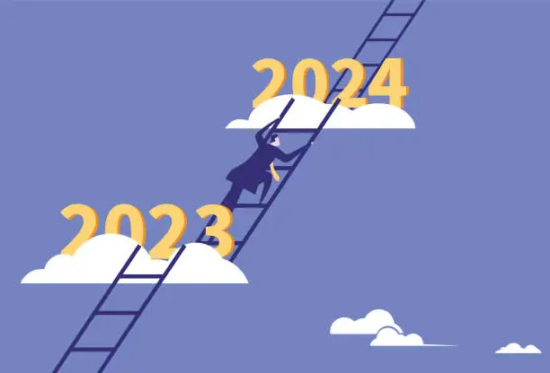 Vector illustration of Business man climbs the ladder from 2023 to 2024