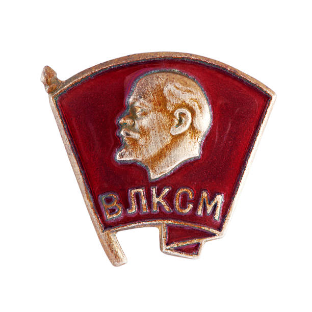 Flag of the Soviet Union with portraits of Vladimir Lenin background close up