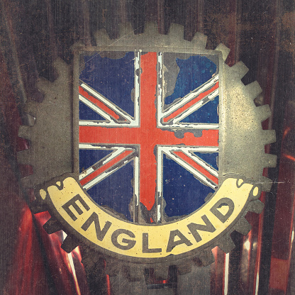 metallic gear with great britain flag and the word England - texture grunge overlay