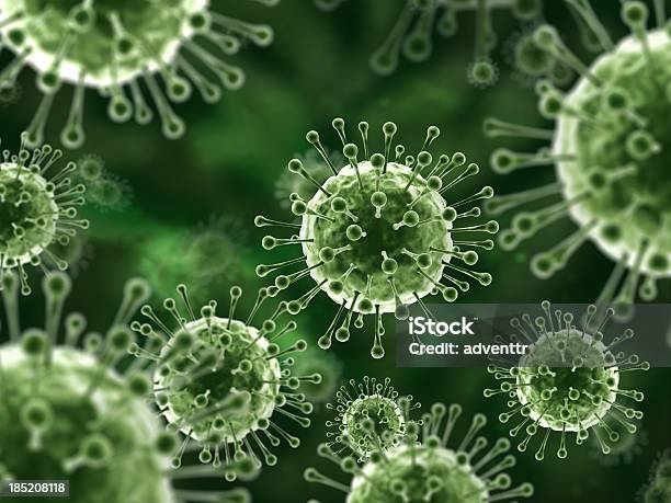 3 D Astratto Macro Virus Su Sfondo Verde - Fotografie stock e altre immagini di Virus - Virus, Batterio, Influenza - Virus