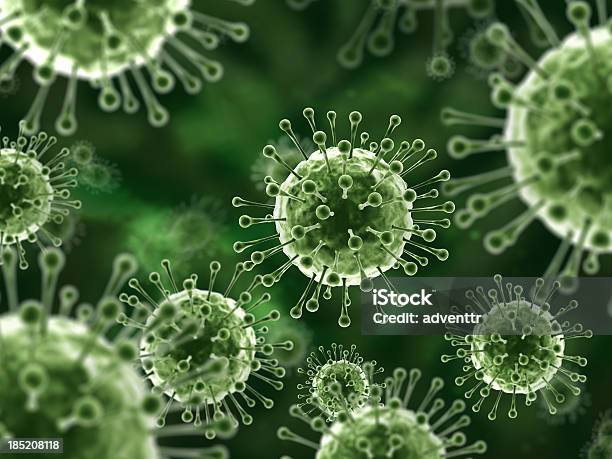 3d Macro Abstract Viruses On Green Background Stock Photo - Download Image Now - Virus, Green Color, Bacterium