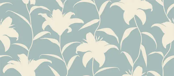 Vector illustration of Seamless pattern with exotic flower branch silhouette.