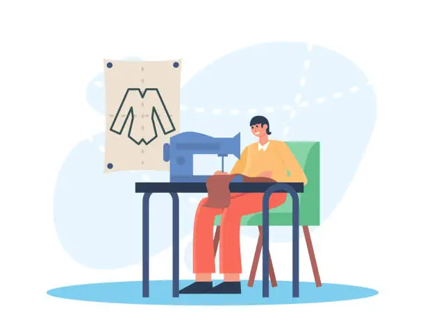 Vector illustration of Seamstress sews on sewing machine. Man sewing clothes for female at home