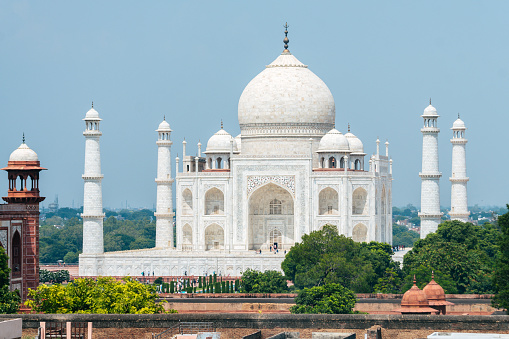 Panoramic of the Taj Mahal and Yamuna River in Agra, India.