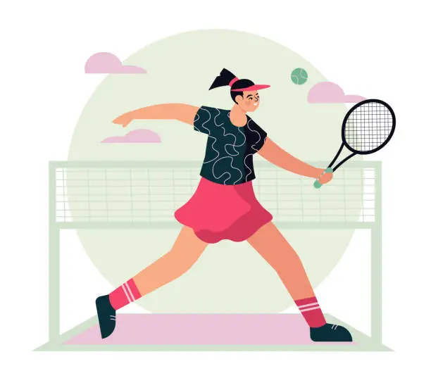 Vector illustration of Young lady holding rocket and playing tennis outside. Sporty and healthy lifestyle