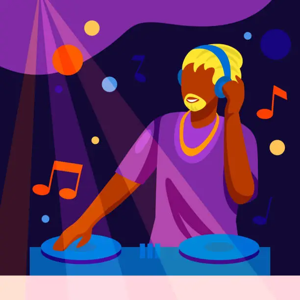 Vector illustration of Young stylish DJ works in the club, creating music for dance. Concept of creating music