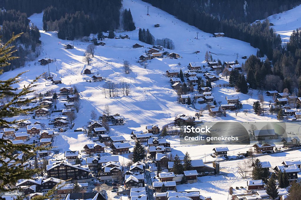 Alpes suíços em uma tarde de inverno com esquiadores - Foto de stock de Abstrato royalty-free