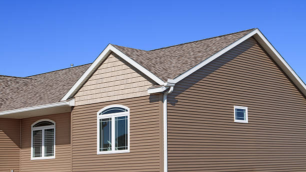 New home showing vinyl siding,roof and gutters stock photo