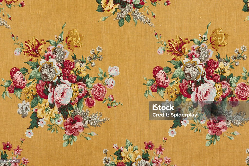 Antique floral fabric SB11 close up "Antique floral fabric with bouquets of pink, red, white, yellow flowers on a gold background..Take a look at my LIGHTBOX of other related images." Antique Stock Photo