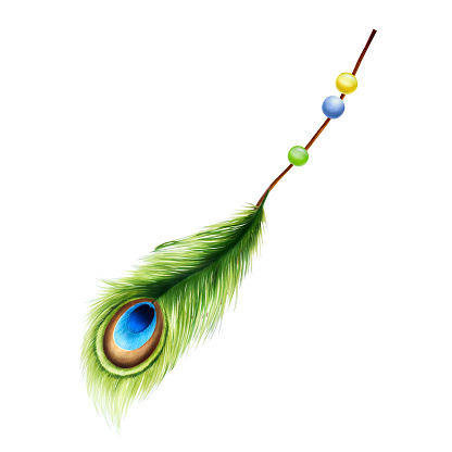 Marker illustration of beads on a rope with peacock feather in watercolor style. Hand painted jewelry for bracelet isolated on white background. Clip art for designers, cards, invitations, textile, poster, scrapbooking, covers, posters .