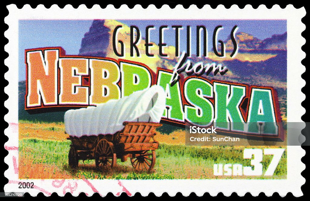 State of Nebraska "Cancelled Stamp From The United States: Greetings From Nebraska, USA." Greeting Stock Photo