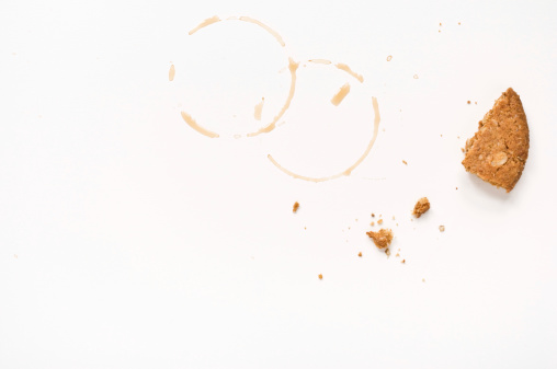 Bisquit crumbs and coffee stains
