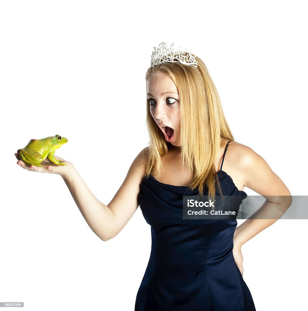 Shocked Teen Princess with Frog Prince Teen girl in Princess tiara with shocked expression looking at frog (prince) 16-17 Years Stock Photo