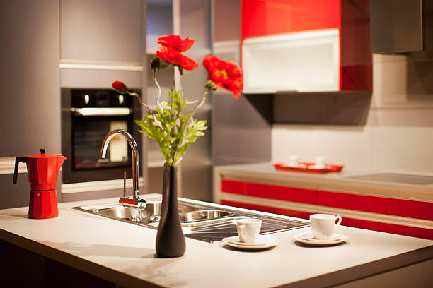 istock Modern kitchen counter top, faucet,coffe machine and washbasin 185211458