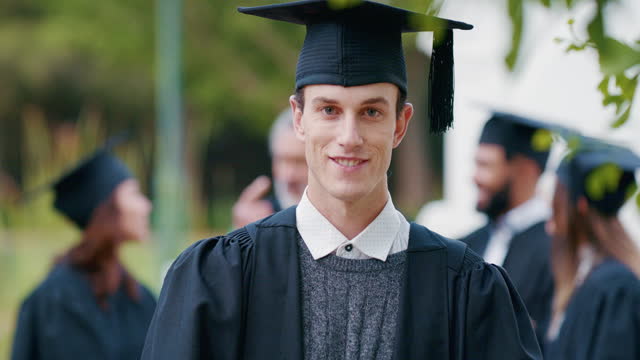 Man, graduate and smile on face, student and pride for education success and achievement. Happy male person, knowledge and certified by university, portrait and confident of degree by college campus