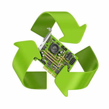 isolated recycling sign and computer part inside.3d render.
