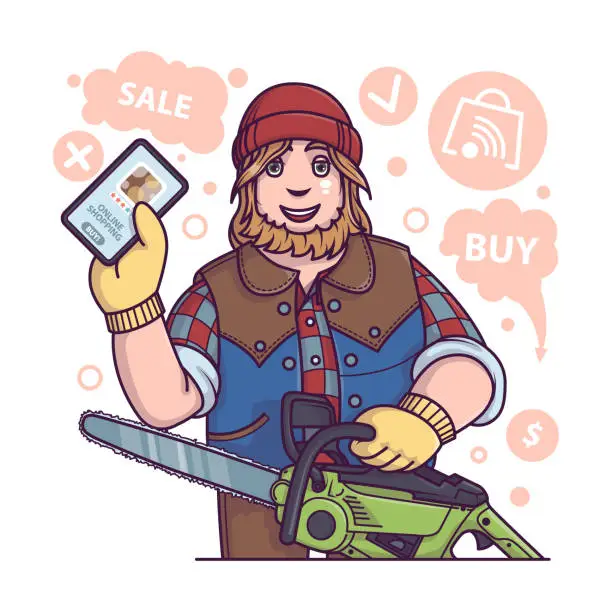 Vector illustration of Worker holding chainsaw and shopping online. Order and buying different instruments for work