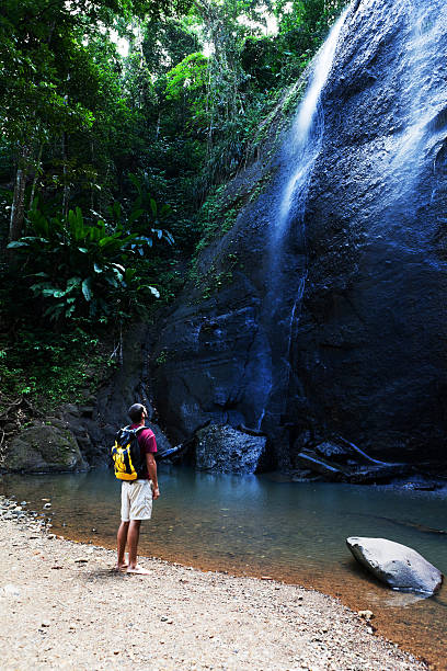 Man looking at tropcial waterfall stock photo