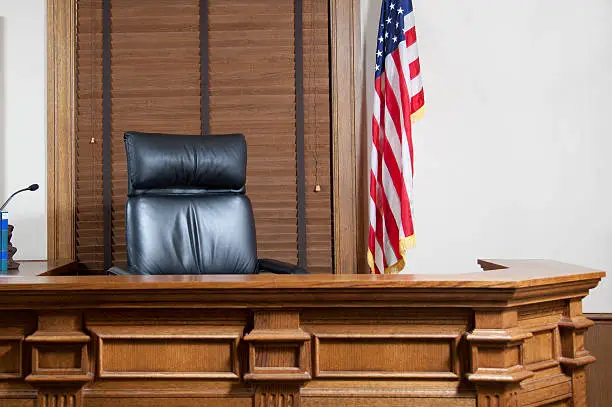 A gorgeous courtroom bench in an American courthouse.