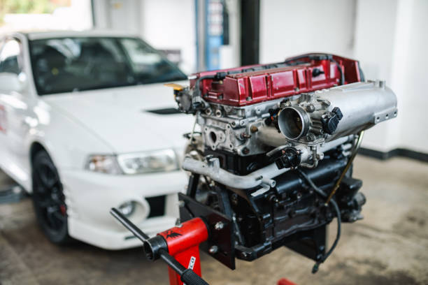 Car engine outside the car. Auto repair shop concept