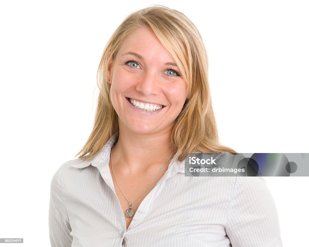 Happy Smiling Woman Close-up Portrait of a woman on a white background. http://s3.amazonaws.com/drbimages/m/er.jpg Portrait Stock Photo
