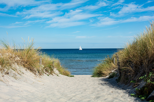 Path between the sand dunes overlooking the sea and a sailing ship