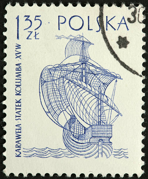 istock old Polish sailing ship on a stamp 185215420