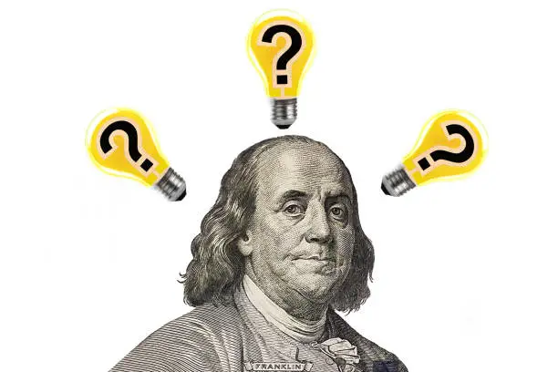 Benjamin Franklin portrait and light bulbs idea concept on white background