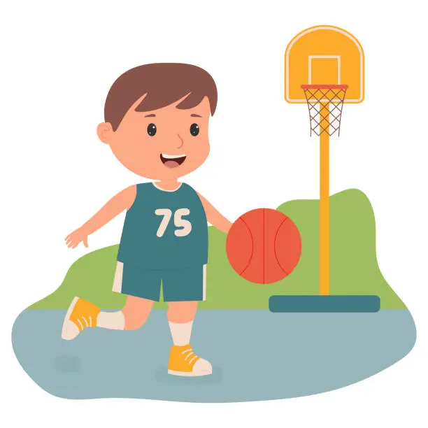 Vector illustration of A little boy is playing basketball on the playground. vector illustration. Summer Games