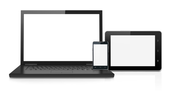 3d illustration template of tablet next to laptop and mobile phone on white stage, horizontal position