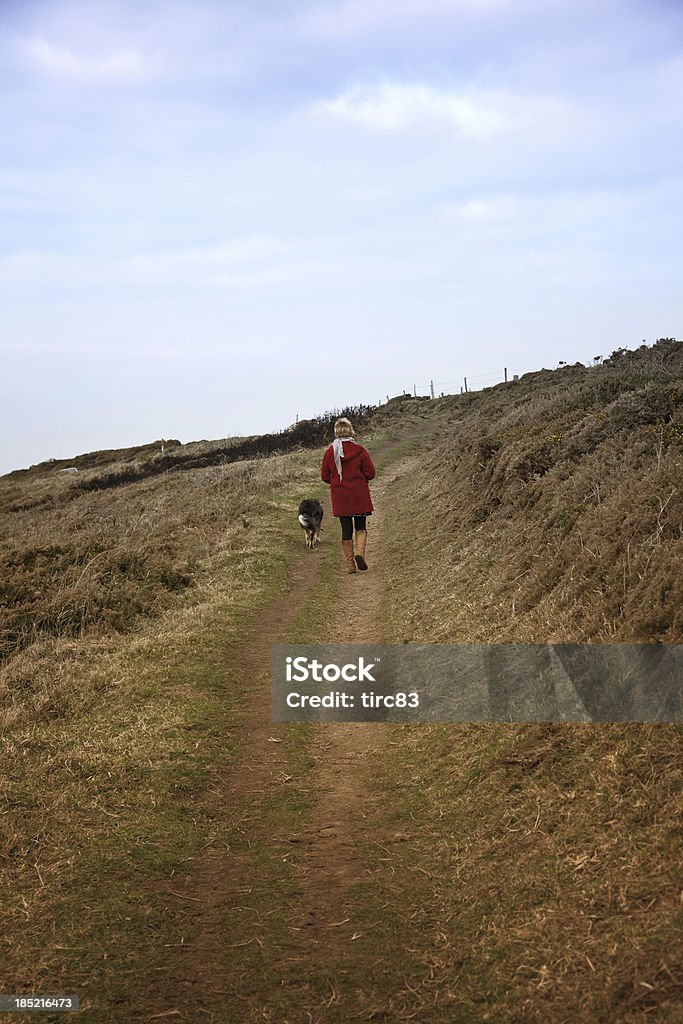 Woman and Border collie walking on coastal footpath Rear View Stock Photo