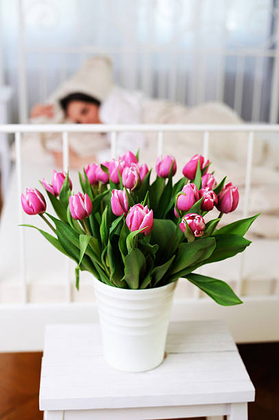 весенние цветы розовые тюльпаны спящая женщина - schlafend стоковые фото и изображения