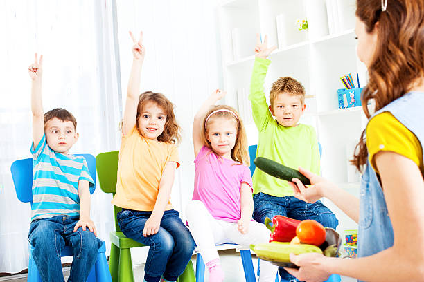 Children at preschool looking at vegetables Four young preschool children are pictured sitting on small blue and green chairs.  There are two boys on either side of the two girls in the middle, and all have hands above their heads, holding up a couple fingers.  In the foreground, right hand side of the frame, there is a teacher with her back to us talking about vegetables. lifestyles teaching little girls child stock pictures, royalty-free photos & images