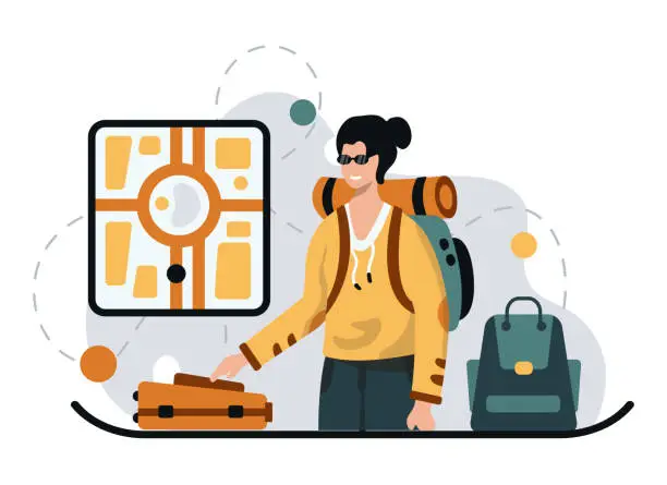 Vector illustration of Smiling young tourist with backpack, holding bag and traveling. Tourist searching for right route