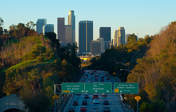 Los Angeles skyline and freeway at early morning