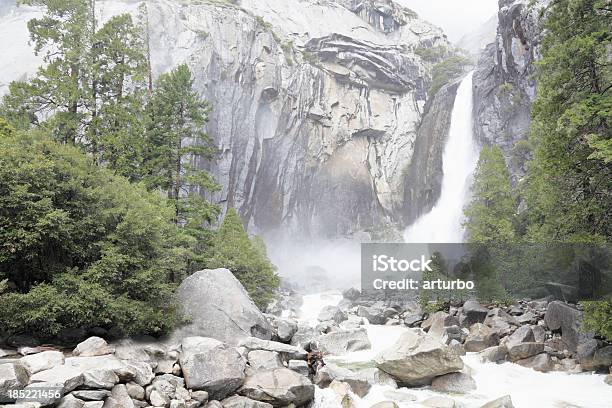 Yosemite Park Waterfall In Fog Stock Photo - Download Image Now - Beauty, California, Cliff