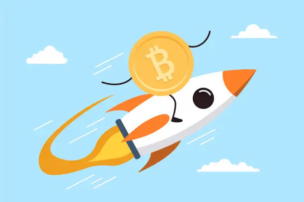 Vector illustration of Bitcoin flying on rocket through space clouds in flat design