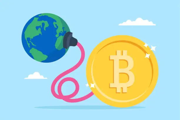 Vector illustration of Bitcoin power plug absorbing energy from earth in flat design