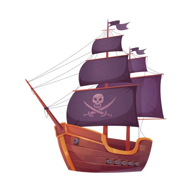 Vector illustration of Pirate ship with skull and crossbones, black sails on mast and cannons