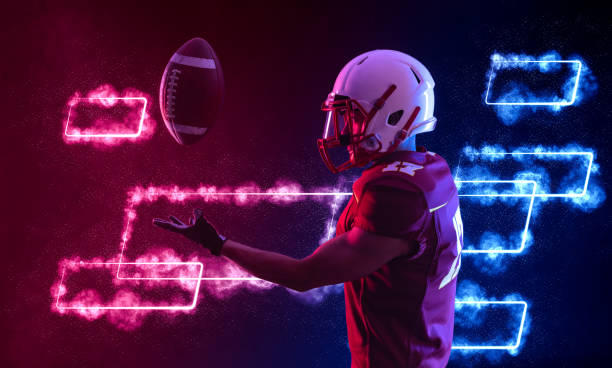 American football player banner with neon colors. Template for social media ads with copy space. stock photo