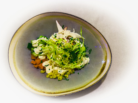 Crab bowl. Salad, fresh herbs. Healthy eating. Diet