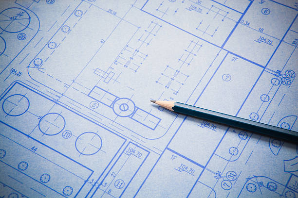 istock Architecture blueprint detail with blue pencil 185222064