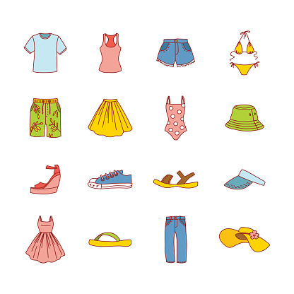 Doodle illustrations of sea resort vacation clothes isolated on a white background. Skirt, shirt, short, swimsuit, slippers etc. Vector 10 EPS.