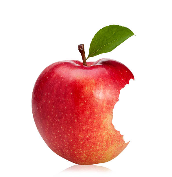 Bitten Red Apple (with clipping path) "Bitten Red Apple with green Leaf isolated on white," apple with bite out stock pictures, royalty-free photos & images