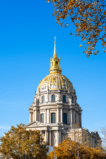 View on Les Invalides in autumn, Saint Louis church, in Paris, France. October 6, 2023.