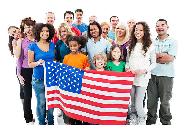 istock Mixed group of nations behind the American flag. 185222886