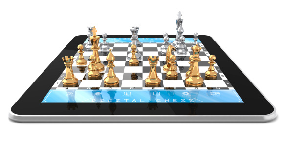 Double player chess game on digitaltablet with 3D chess pieces.