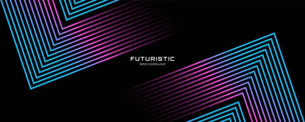 Vector illustration of 3D blue pink techno abstract background overlap layer on dark space with glowing lines shape effect decoration. Simple banner with colorful arrow style. Modern graphic design element future style concept for web banner flyer, card cover or brochure